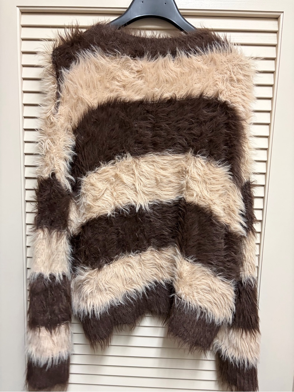 Topshop Womens M Shaggy Fuzzy Sweater Brown Cream Stripe Fluffy Y2K Oversized - Picture 2 of 15